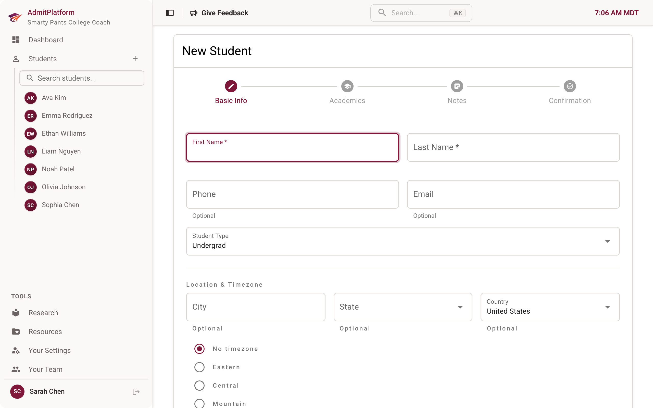 New student intake form