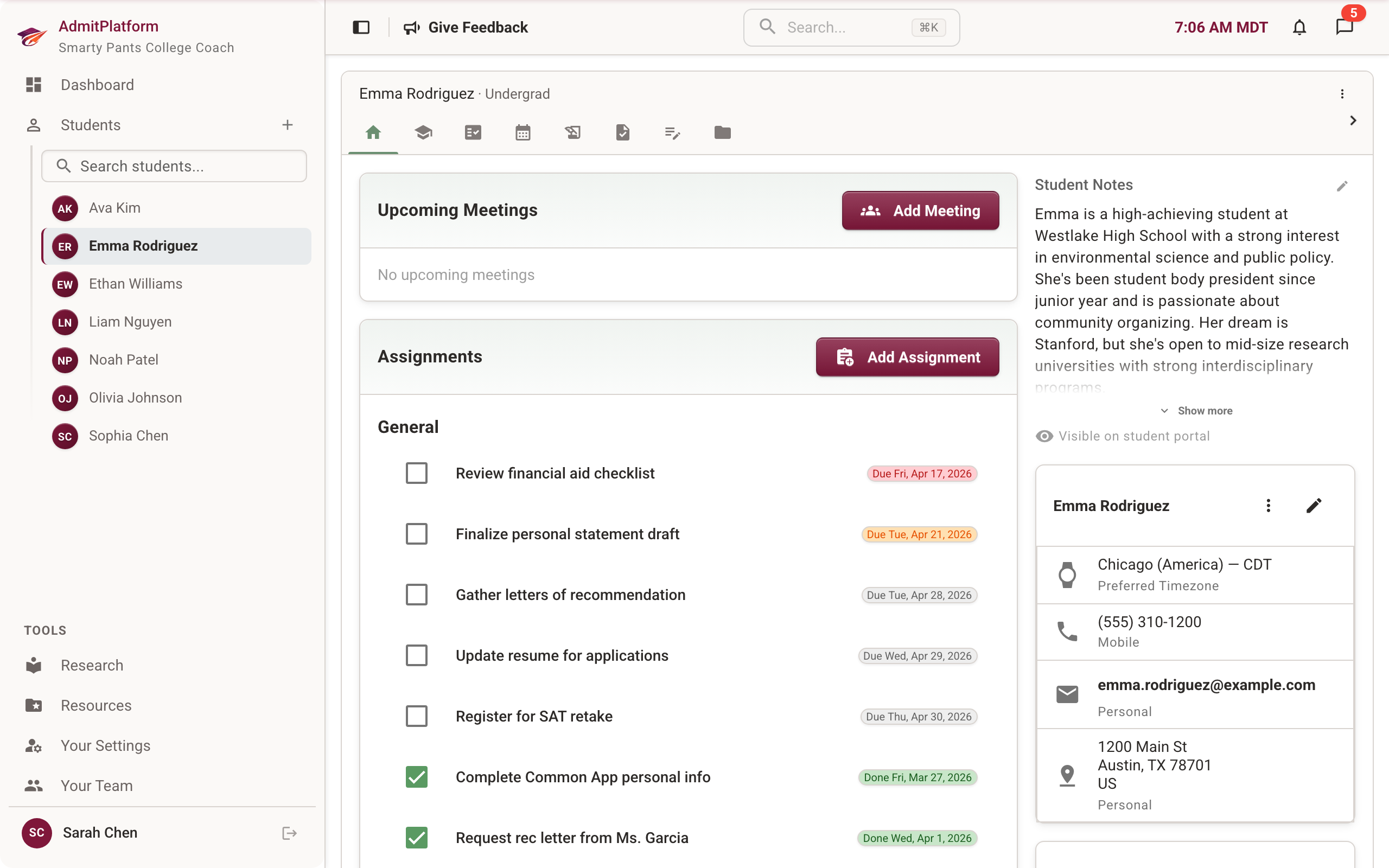 Student profile view